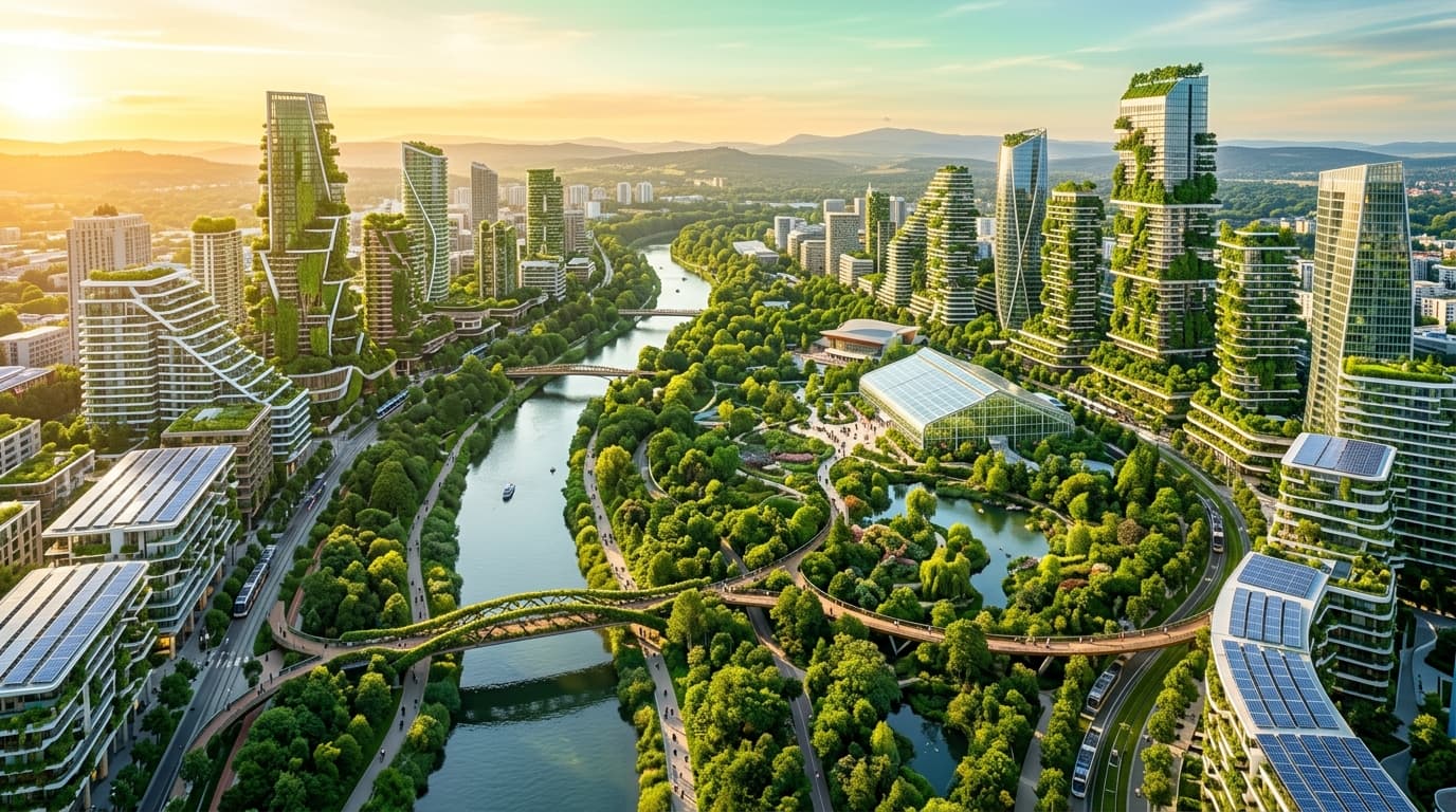 Futuristic biophilic green city with river and eco-towers